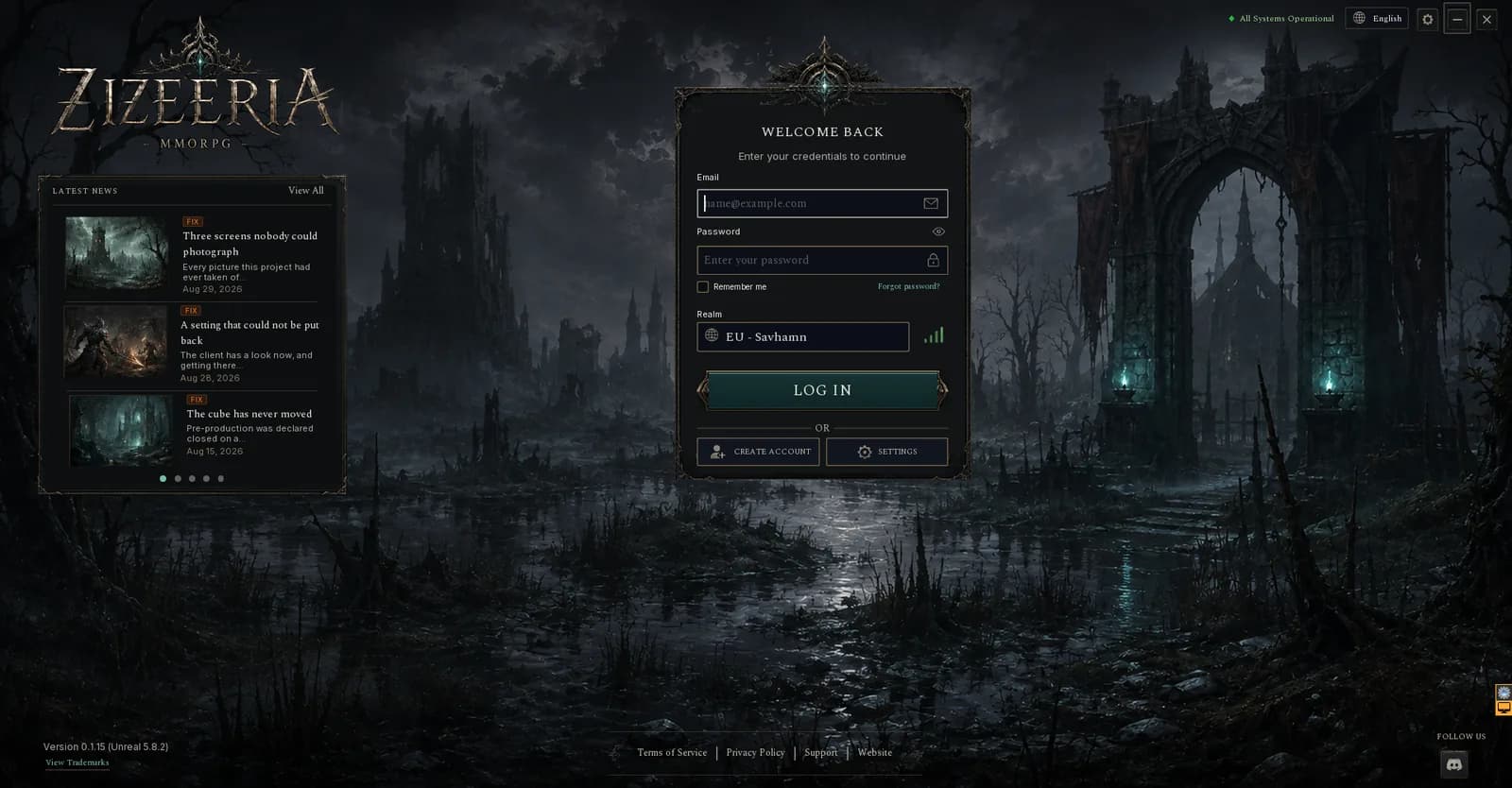The Zizeeria client's login screen: a ruined gate over a moonlit wetland, with a news panel on the left and a sign-in card in the middle naming the EU - Savhamn realm.