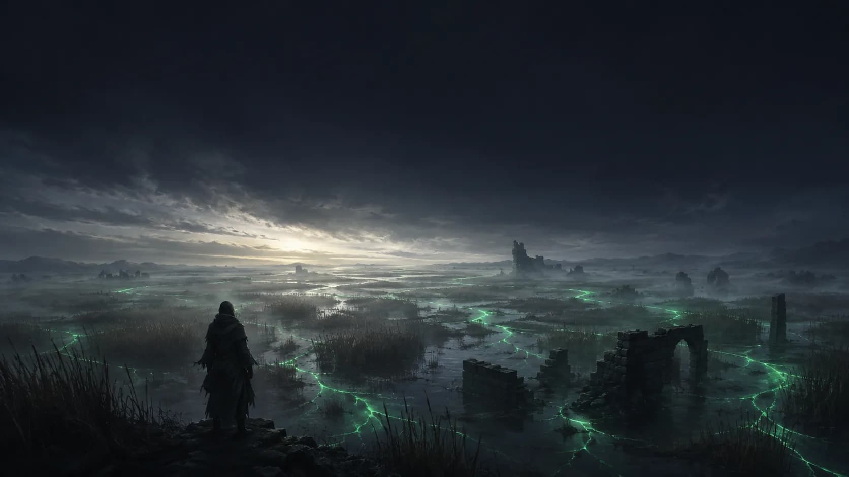 A lone figure at the edge of a vast reed wetland at dusk, green threads of light running through the water toward the horizon.