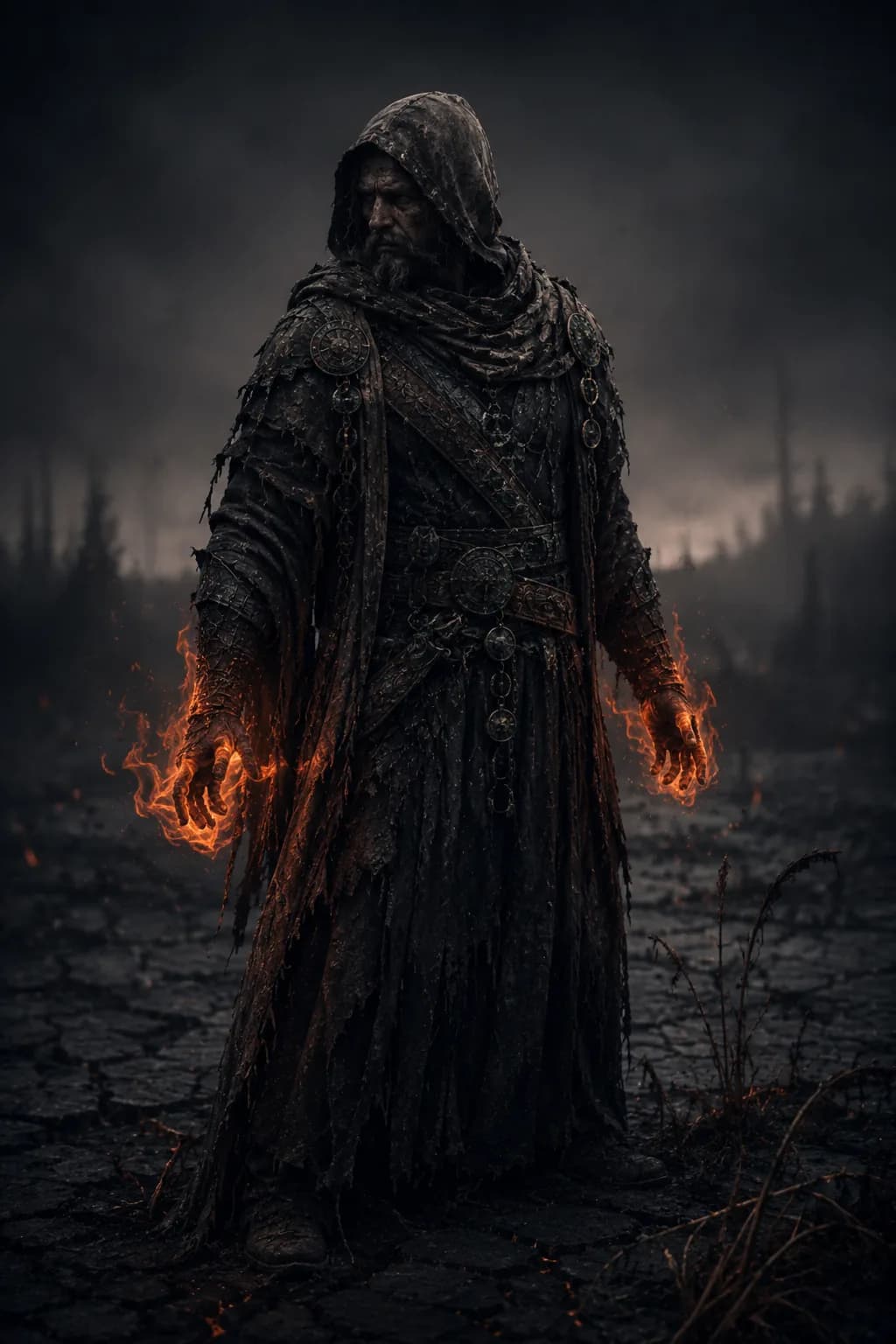 A figure in scorched robes with hands wreathed in low orange fire, the grass at the frame's edge curling away from them.
