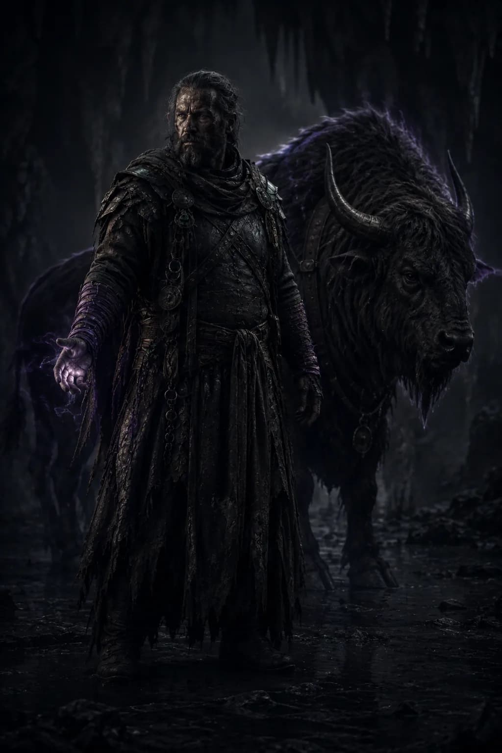 A figure with violet cord wound around both forearms, one hand extended, a large calm beast standing behind traced in the same violet.