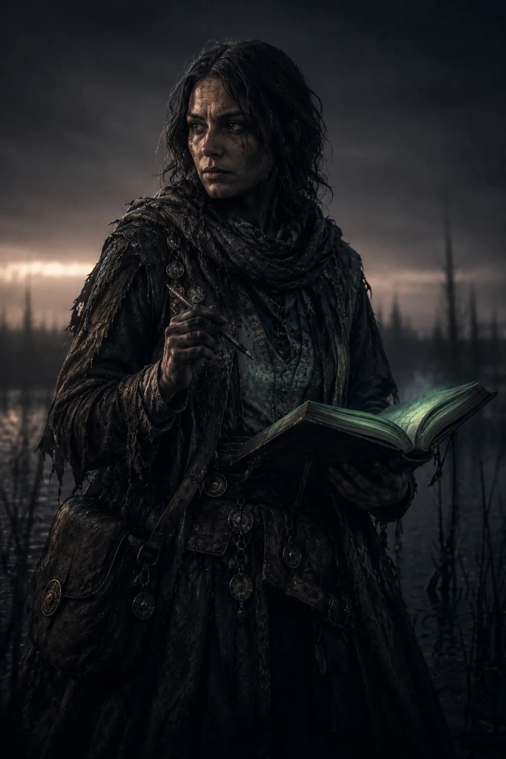 A figure in travelling clothes holding an open bound volume against the forearm, pages faintly lit, ink-stained fingers mid-gesture.