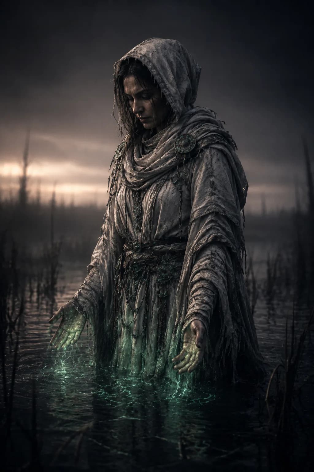 A figure in pale cloth standing knee-deep in still water, hands open above the surface as green light rises toward them.