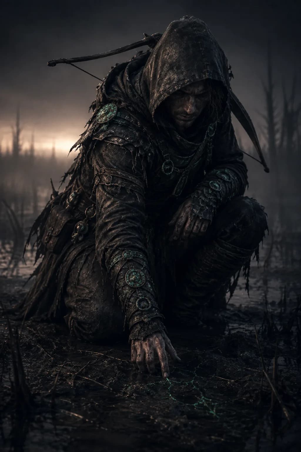 A lean hooded figure crouched with fingertips on the ground, bow slung across the back, reading something in the earth.
