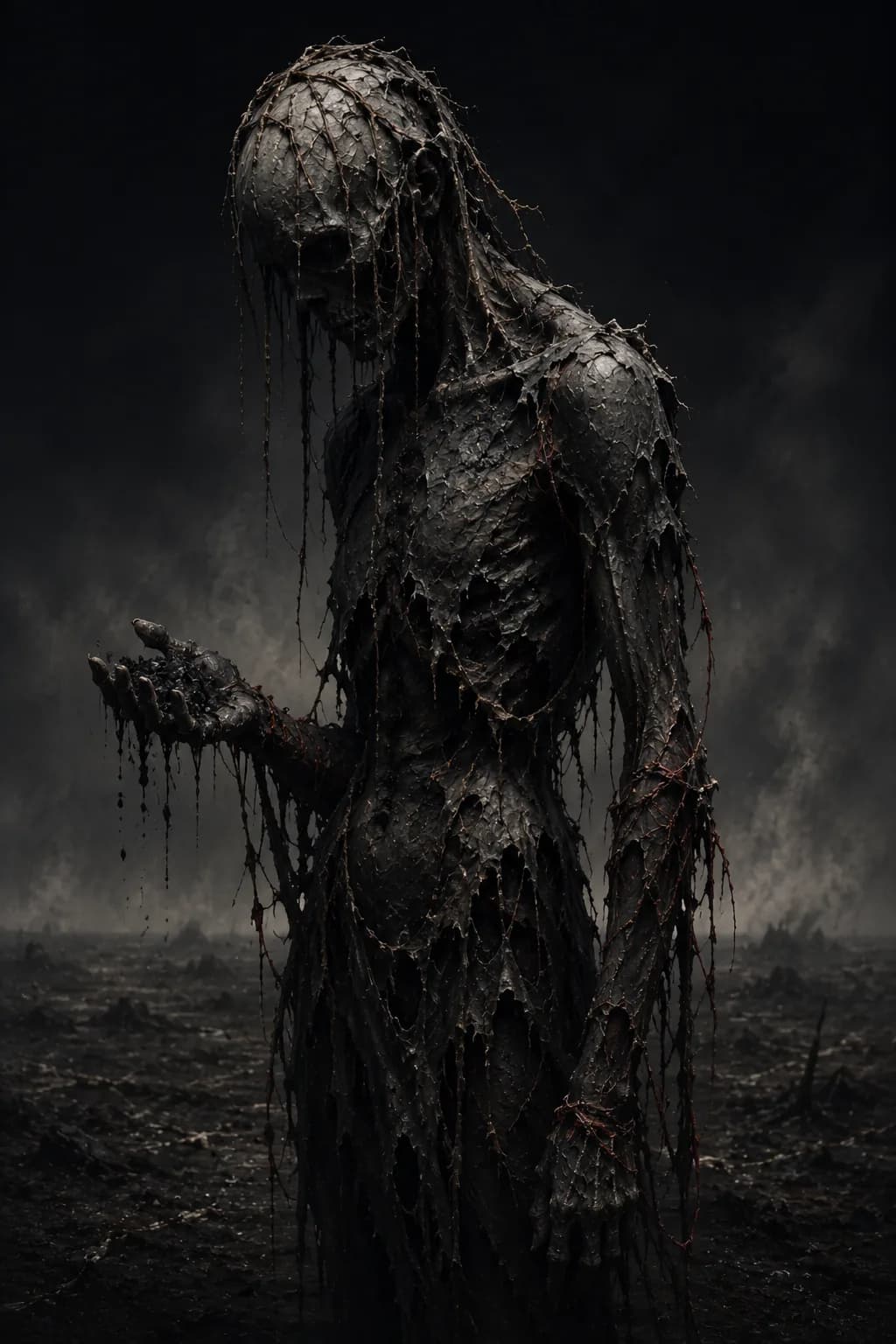A burn-born figure of the other side, cold-ash skin cracked to char, edges gnawed, cold cinders in an open hand, on ground burnt flat.