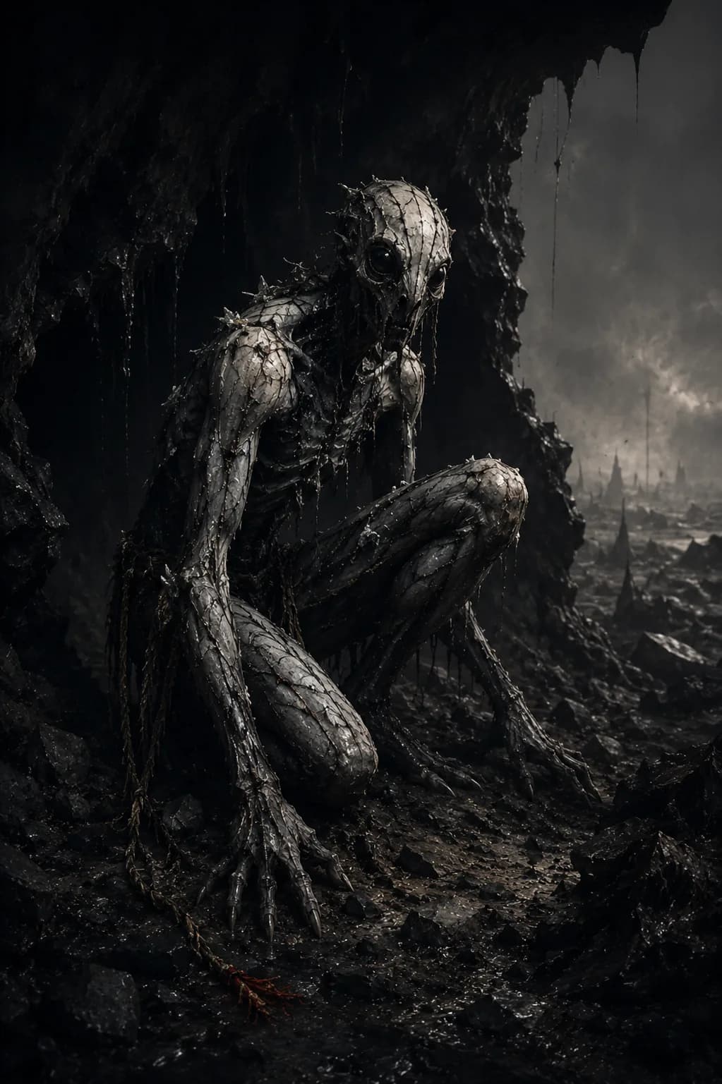 A stone-raised figure of the other side, cave-white over wet slate with ore-dark veins, a severed cord trailing from the waist, crouched at a broken cave mouth.