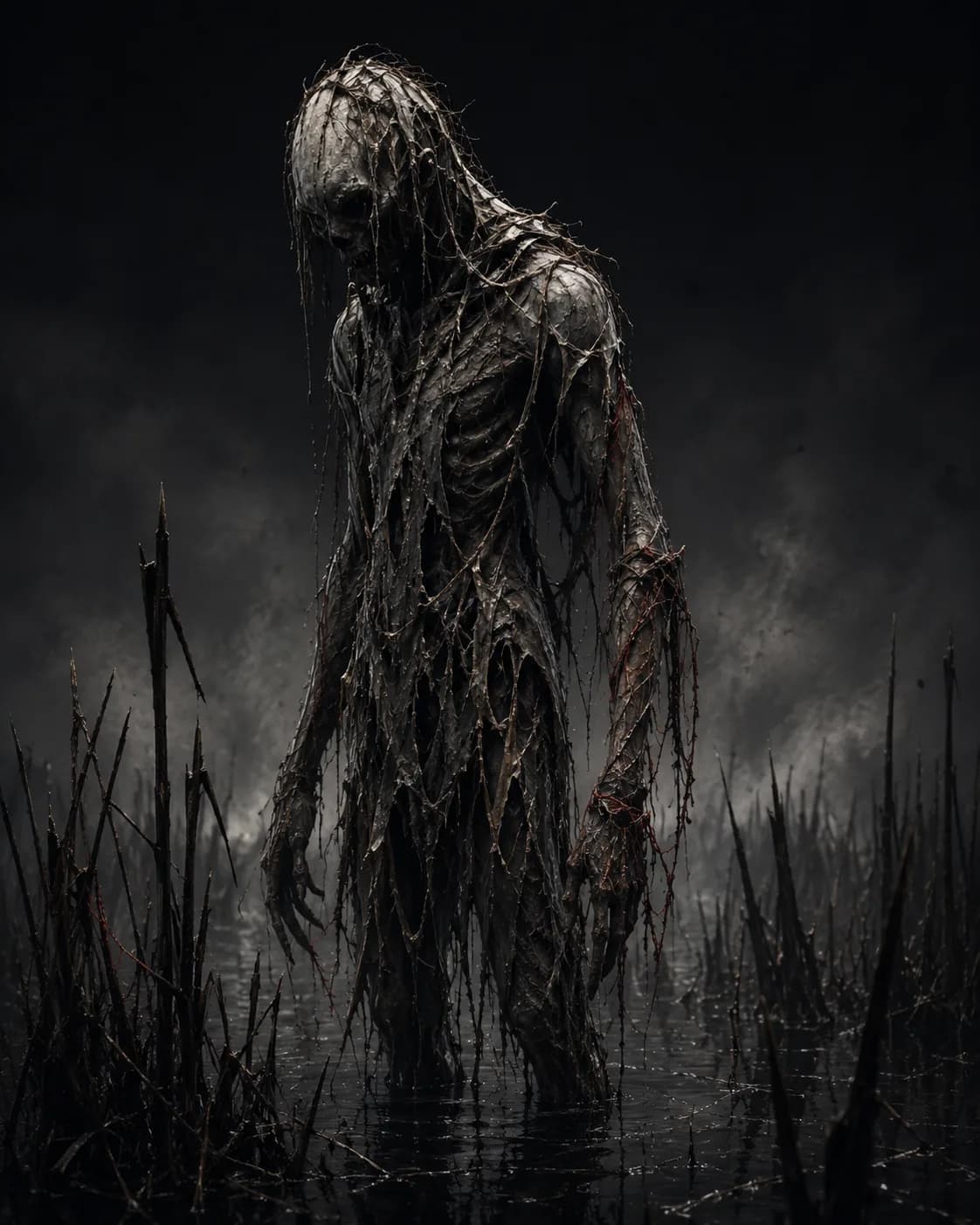 A marsh-born figure of the other side, drowned-pale hide with silt and weed in its folds, reed cord unpicked through the shoulders, standing in black water among dead reeds.