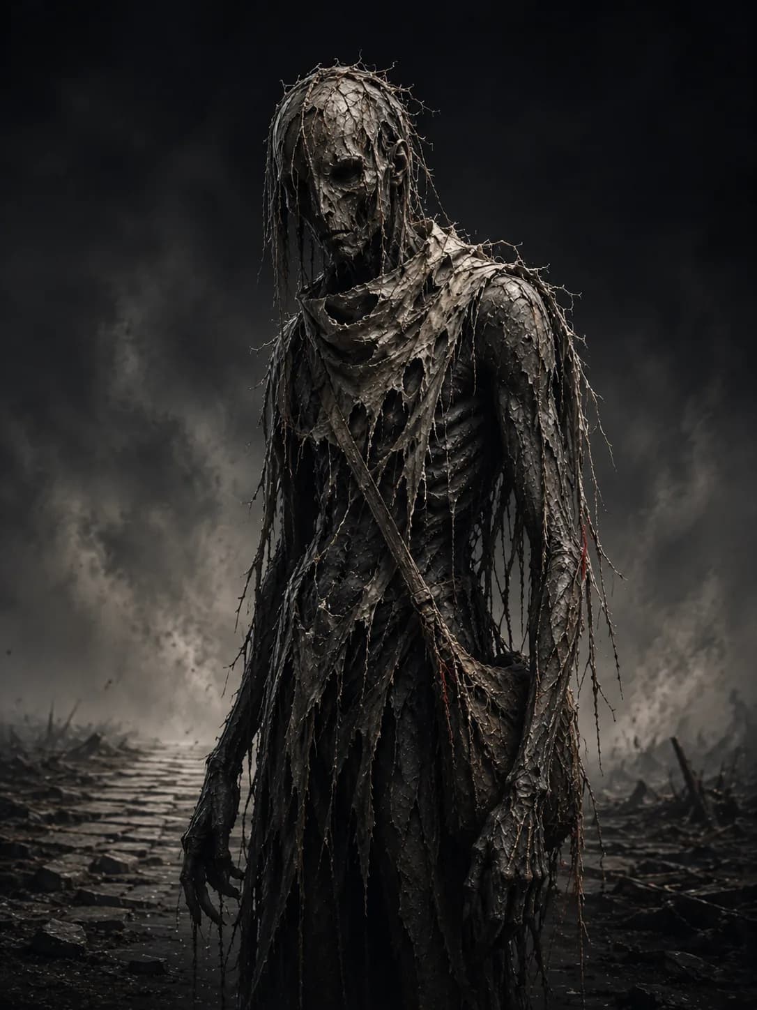 A road-born figure of the other side, road-grey skin cracked like dry mud, a frayed scarf and satchel strap unpicked into the body, on a road that ends in dust.