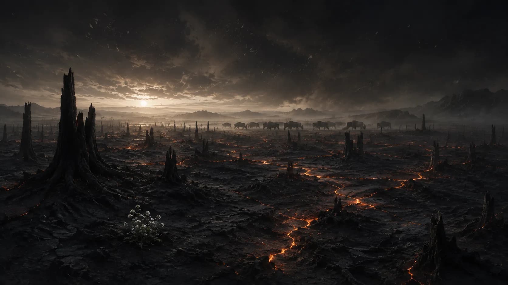 A burnt plain under a low sun, blackened stumps to the horizon and ash drifting like snow, with a herd moving in the middle distance.