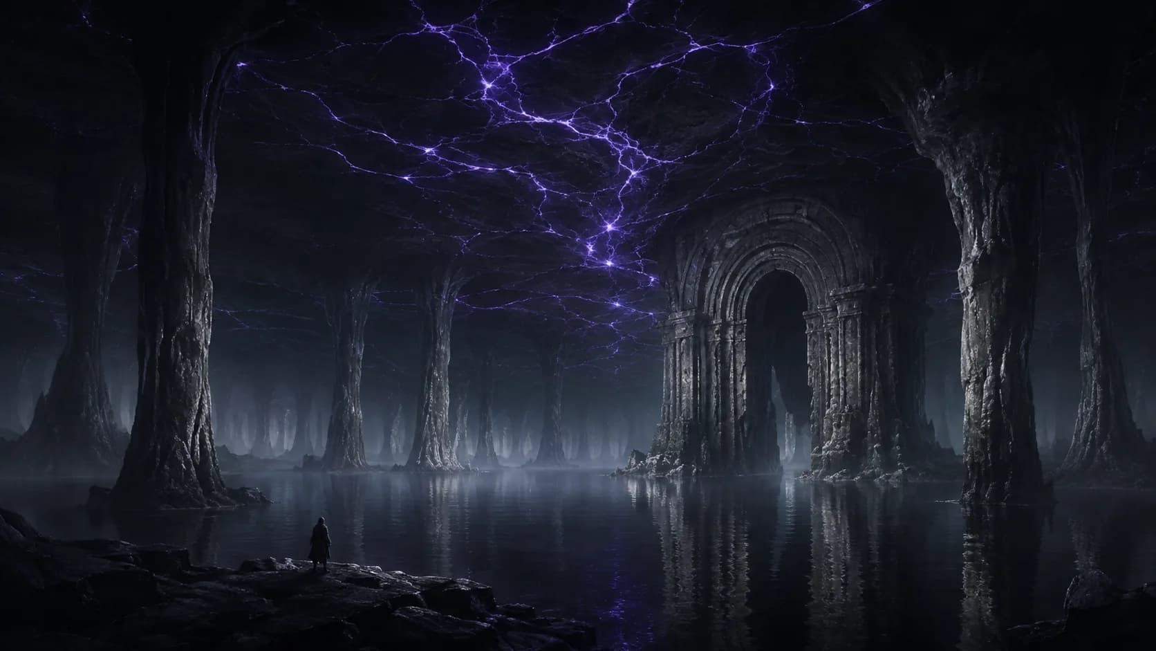 A vast underground cavern with a still black lake and violet bioluminescence threading the ceiling above a half-drowned carved doorway.