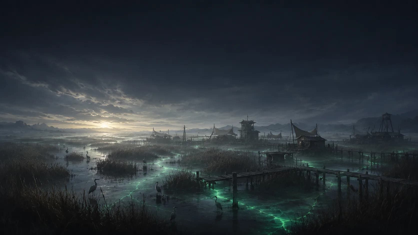 A tidal wetland at dawn: channels of still water between tall reeds, timber walkways on stilts, a fishing settlement in the distance.