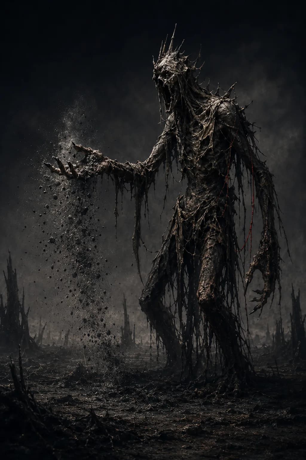 A gaunt scorched creature scattering cold grey cinders from an open hand over ground burnt flat to the horizon, with no flame anywhere.