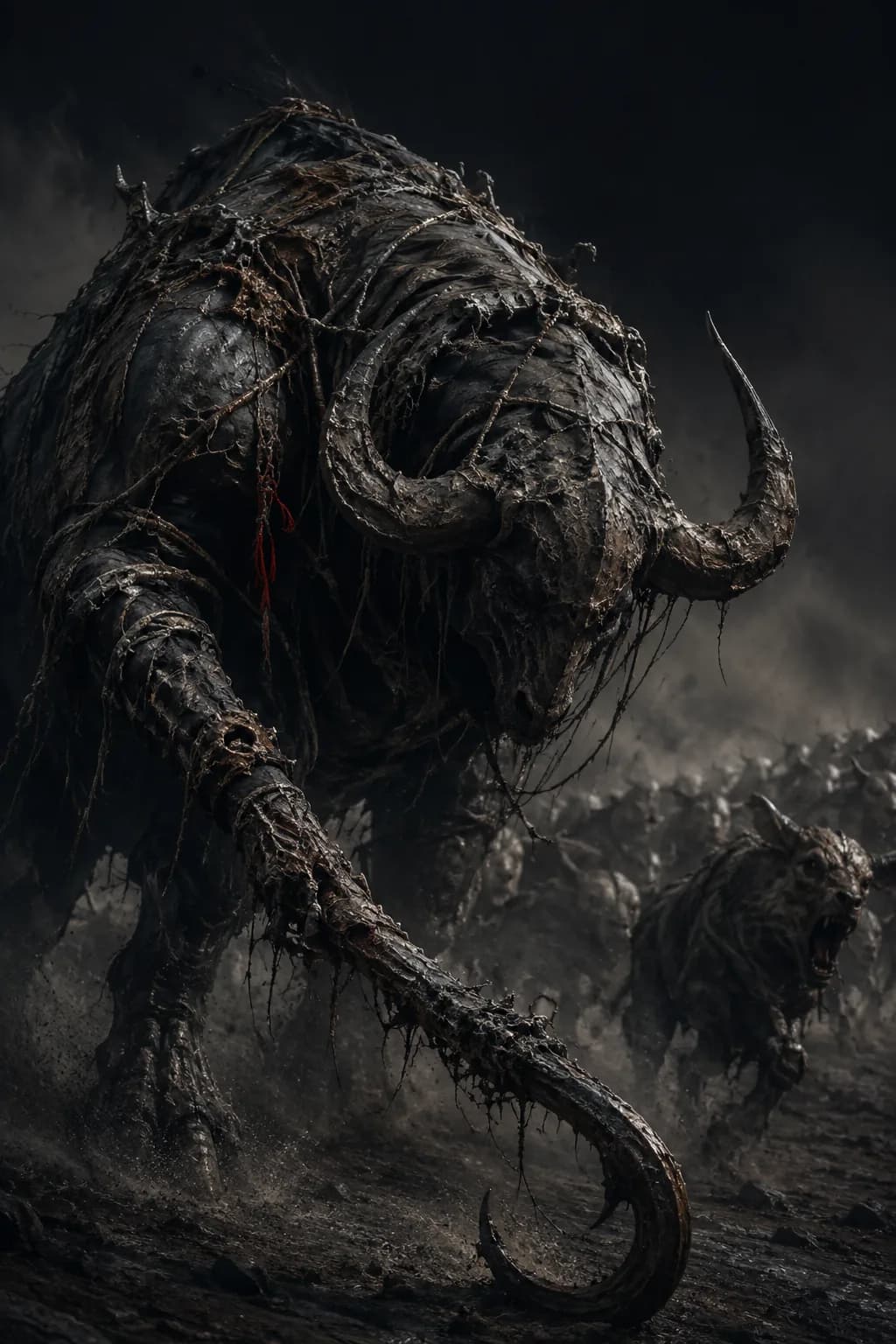 A hulking horned beast, low and broad, frayed cord and rusted bronze grown into its shoulders and a drover's goad grown from one forelimb, a herd blurring away behind it.