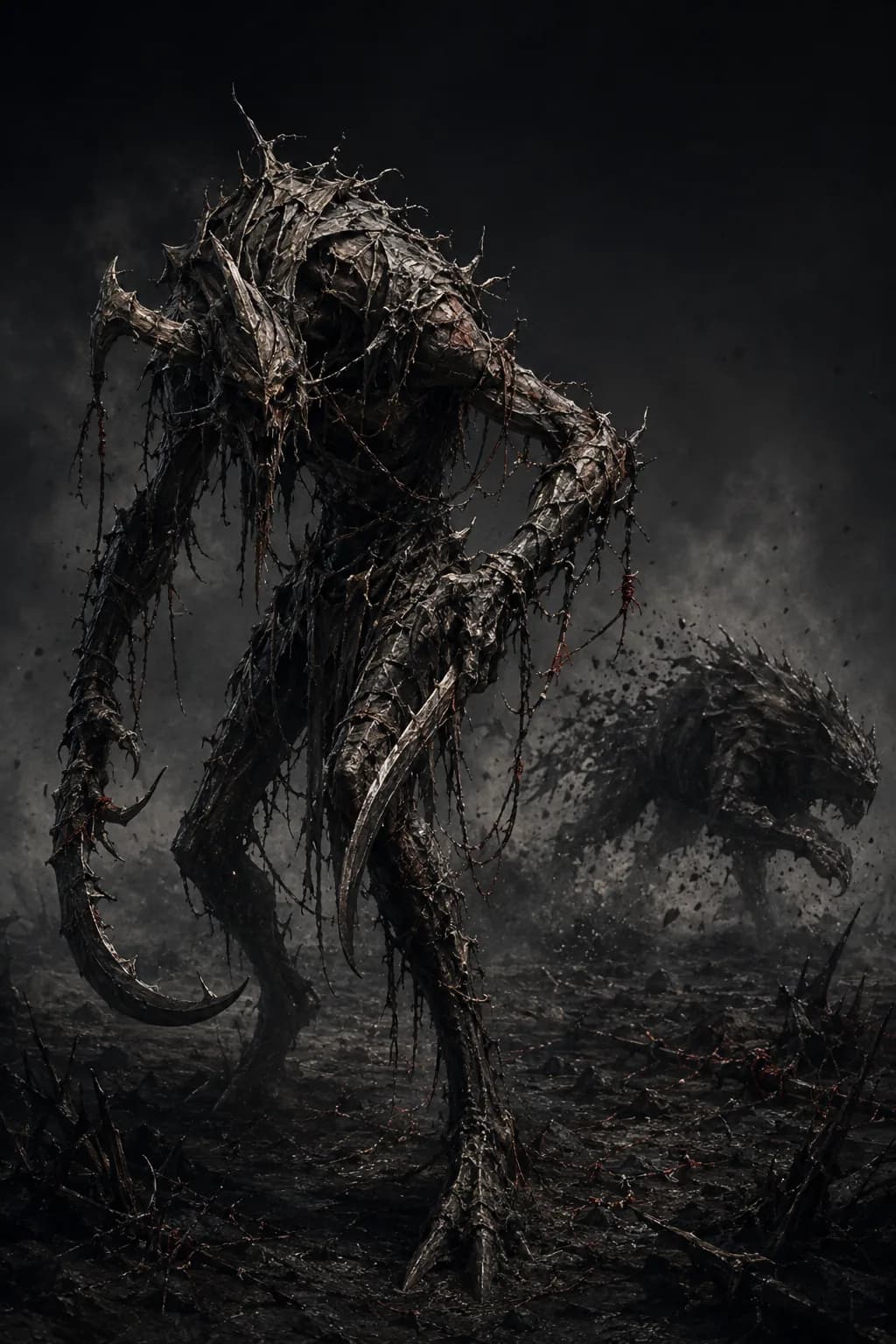 A creature with hooked blades grown from both forearms and severed leashes hanging from them, a large beast bolting away behind it with its outline breaking up.