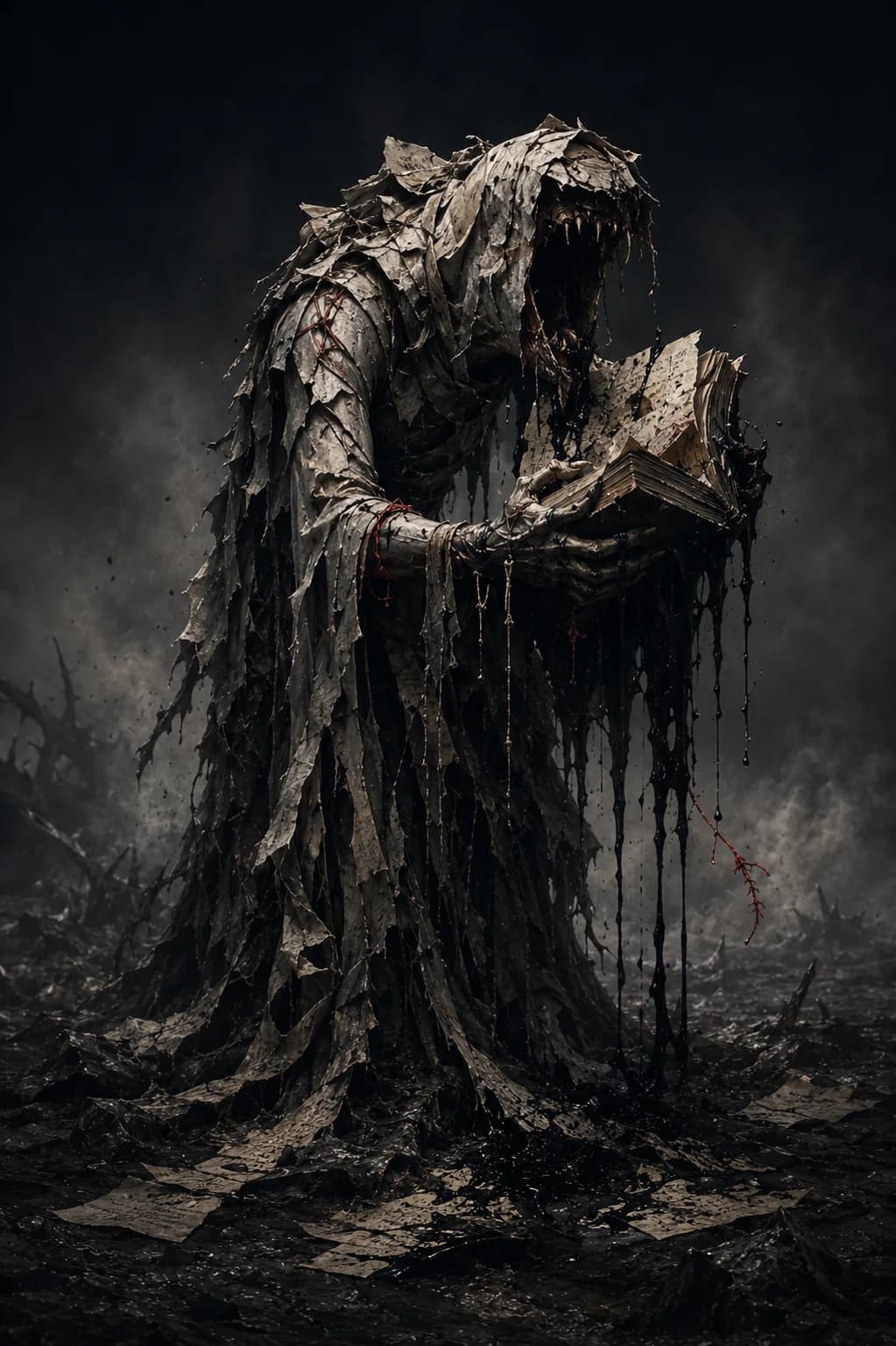 A hunched creature made of torn pages and running black ink, eating a bound volume, loose pages scattered at its feet.