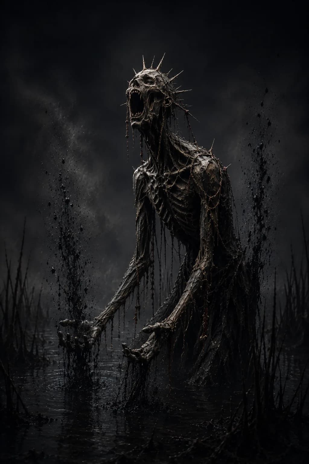 A stooped reed-thin creature knee-deep in black water among dead reeds, throat open in a soundless song, dark rot rising from the surface toward its open hands.