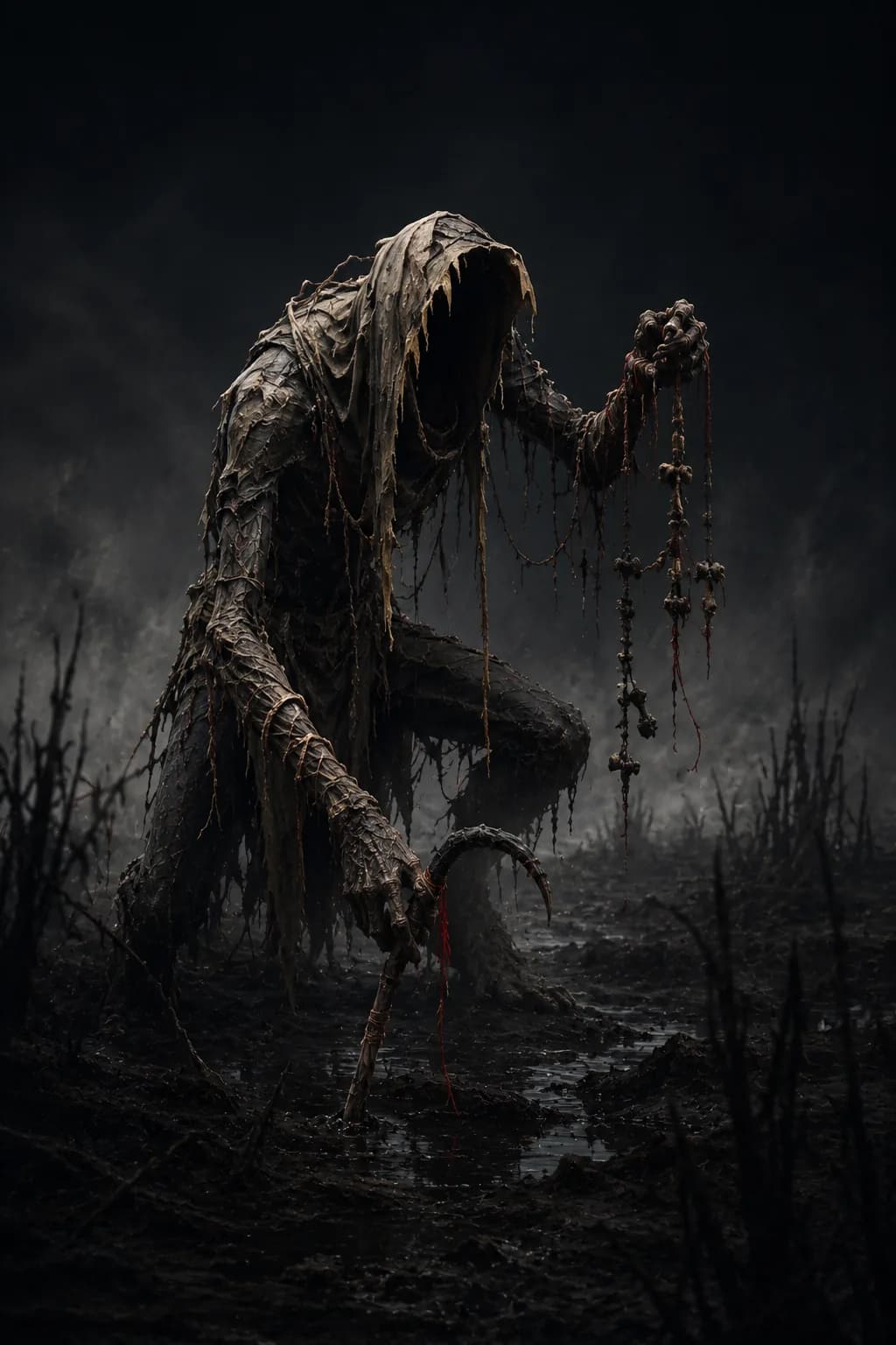 A lean long-limbed hooded creature crouched over the soil, planting a bent-reed marker with one hand while a cord of false markers hangs from the other; a hollow where the face should be.